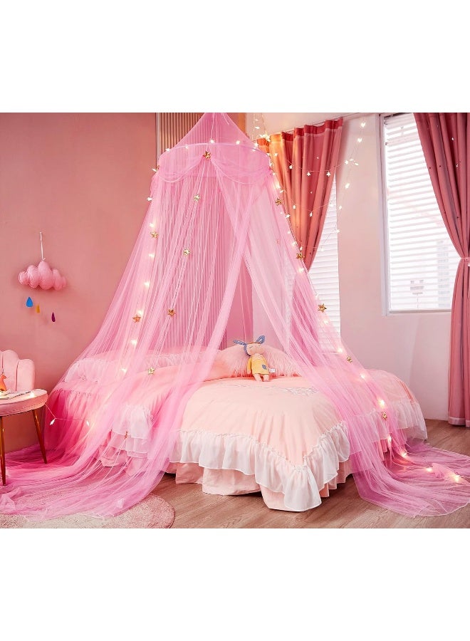 Nattey Bed Canopy for Girls with Star LightsPrincess Canopy Bed Curtains Mosquito Net with Gold Star for Girls Room Decor Canopy for Bed Twin Single Full Queen Size Bed Pink - Image 2