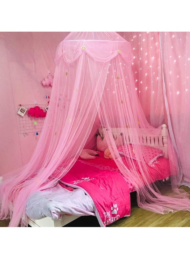 Nattey Bed Canopy for Girls with Star LightsPrincess Canopy Bed Curtains Mosquito Net with Gold Star for Girls Room Decor Canopy for Bed Twin Single Full Queen Size Bed Pink - Image 5
