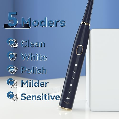 7AM2M Sonic Electric Toothbrush for Adults and Kids- High Power Rechargeable Toothbrushes with 8 Brush Heads,5 Adjustable Modes, Built-in 2-Minute Smart Timer,4 Hours Fast Charge for 30 Days(Navy) - Image 3