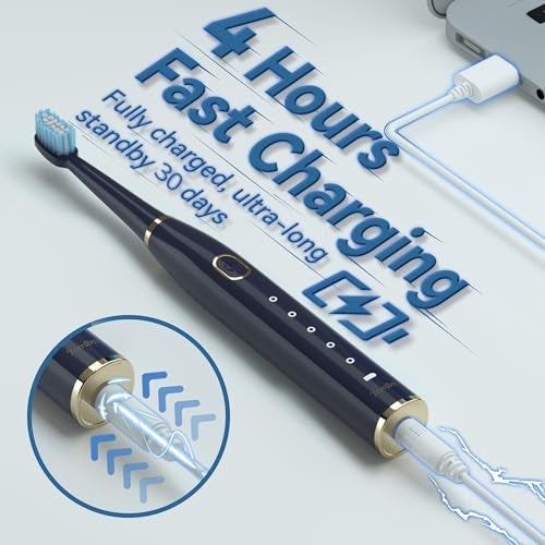7AM2M Sonic Electric Toothbrush for Adults and Kids- High Power Rechargeable Toothbrushes with 8 Brush Heads,5 Adjustable Modes, Built-in 2-Minute Smart Timer,4 Hours Fast Charge for 30 Days(Navy) - Image 4