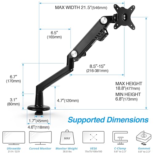 AVLT Single 13"-38" Monitor Arm Desk Mount - Fits One Flat/Curved/Ultrawide Monitor - Full Motion Height Swivel Tilt Rotation - VESA/C-Clamp/Cable Management - Image 2