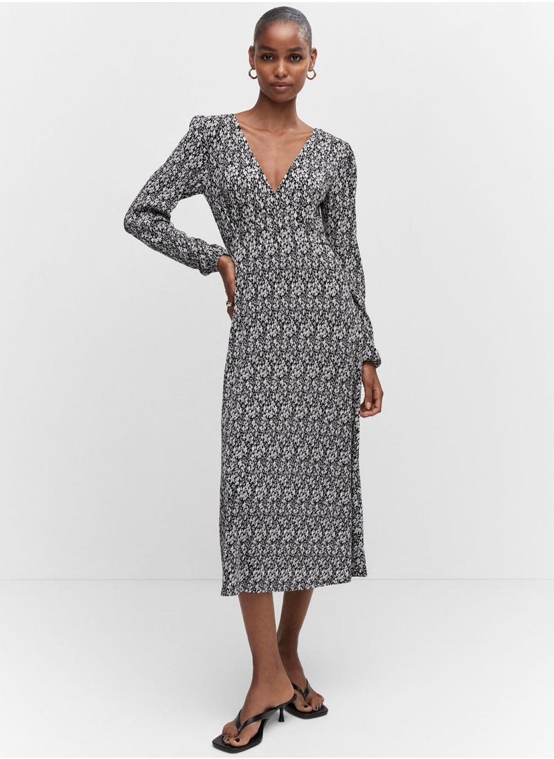 MANGO - V-Neck Mesh Detail Dress - Image 1