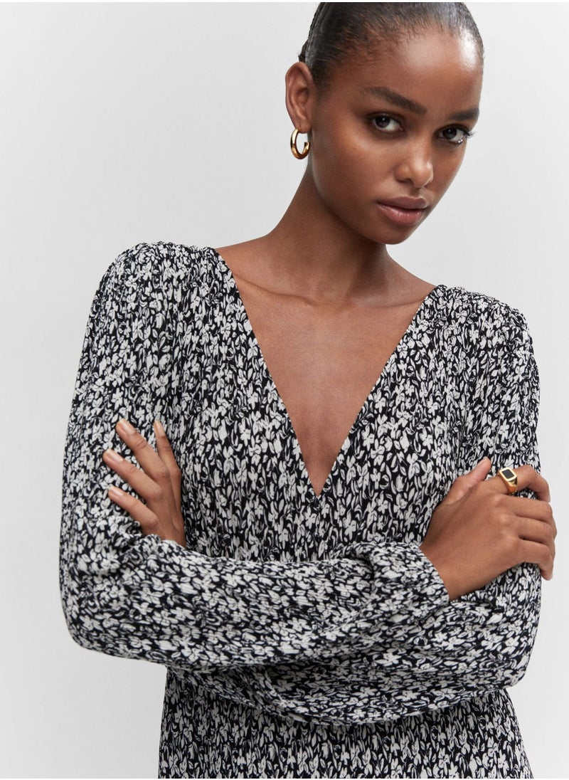 MANGO - V-Neck Mesh Detail Dress - Image 1