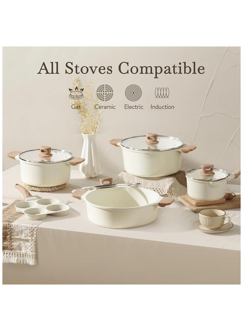 Pots and Pans Set Nonstick, 13 pcs Cookware Set, Induction Kitchen Cooking Set w/Stock pot & Saucepans, White Granite  - Image 2