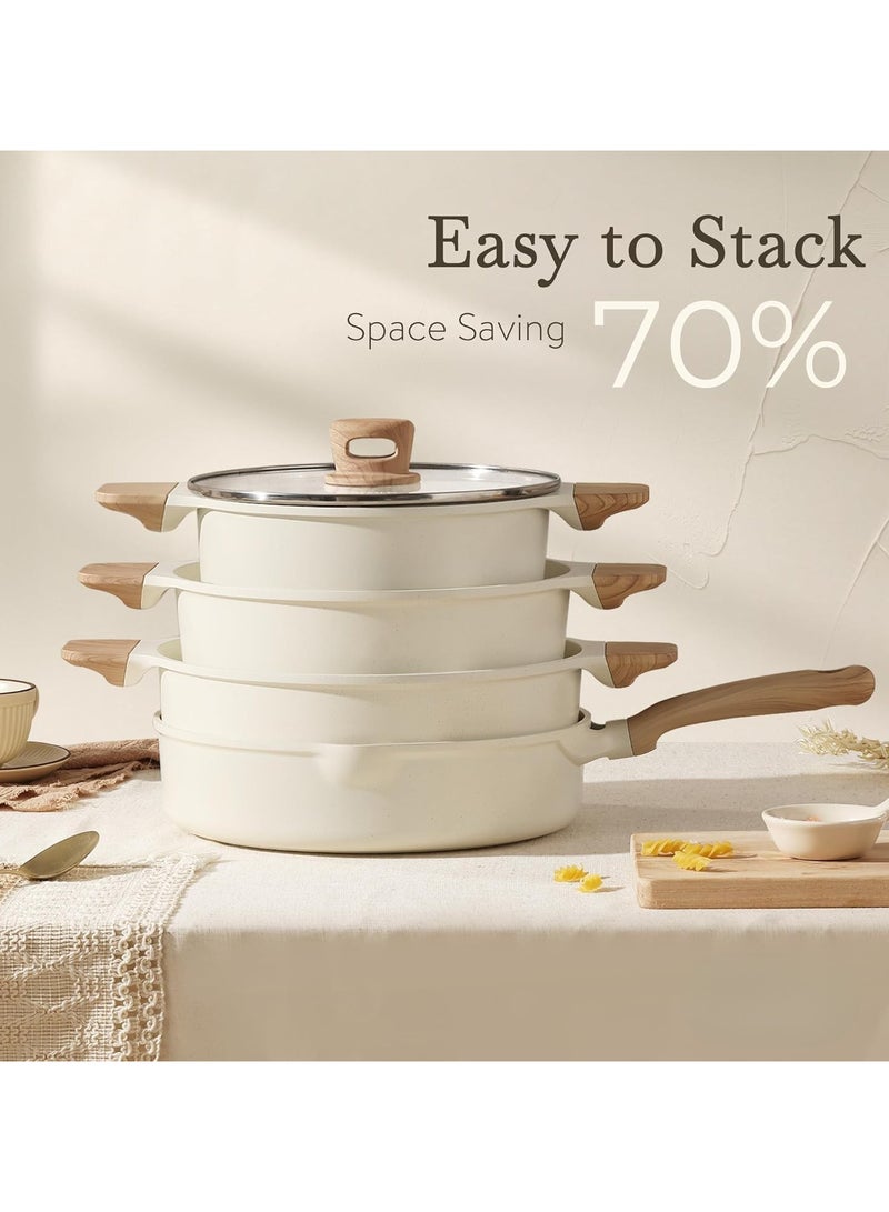 Pots and Pans Set Nonstick, 13 pcs Cookware Set, Induction Kitchen Cooking Set w/Stock pot & Saucepans, White Granite  - Image 3