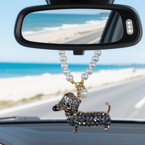 YoRise Bling Diamond Dachshund Car Rear View Mirror Charm Crystal Rhinestone Hanging Ornament Cute Sparkling Car Pendant Universal Auto Interior Decoration Accessories for Women Girls Black - Image 1