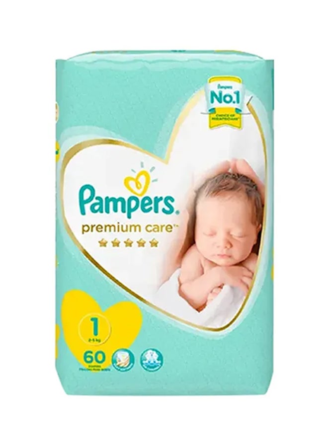 Pampers Premium Care Diapers, Size 1, New Born, 2-5Kg, 60 Diapers - Image 1