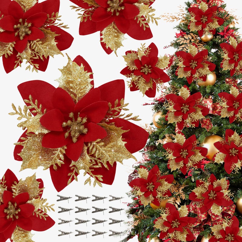 Childom 16 PCS Poinsettia Flower Artificial Poinsettia Christmas Decorations Glitter Poinsettias Christmas Ornaments Christmas Tree Flower Decorations with Clips DIY Xmas Wreath Holiday Weed Home Party Decor - Image 1