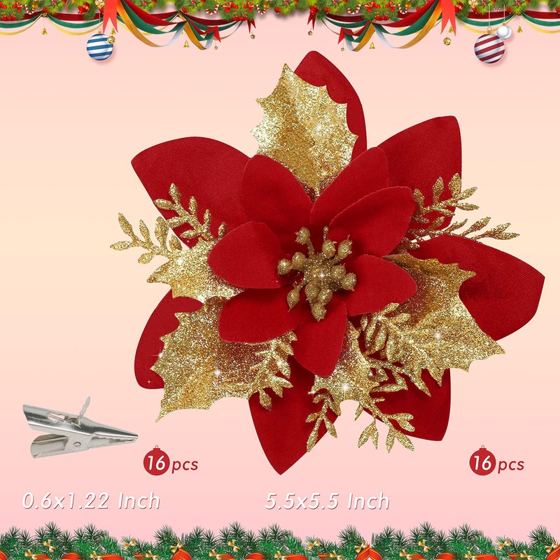 Childom 16 PCS Poinsettia Flower Artificial Poinsettia Christmas Decorations Glitter Poinsettias Christmas Ornaments Christmas Tree Flower Decorations with Clips DIY Xmas Wreath Holiday Weed Home Party Decor - Image 5