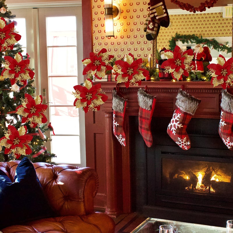 Childom 16 PCS Poinsettia Flower Artificial Poinsettia Christmas Decorations Glitter Poinsettias Christmas Ornaments Christmas Tree Flower Decorations with Clips DIY Xmas Wreath Holiday Weed Home Party Decor - Image 2