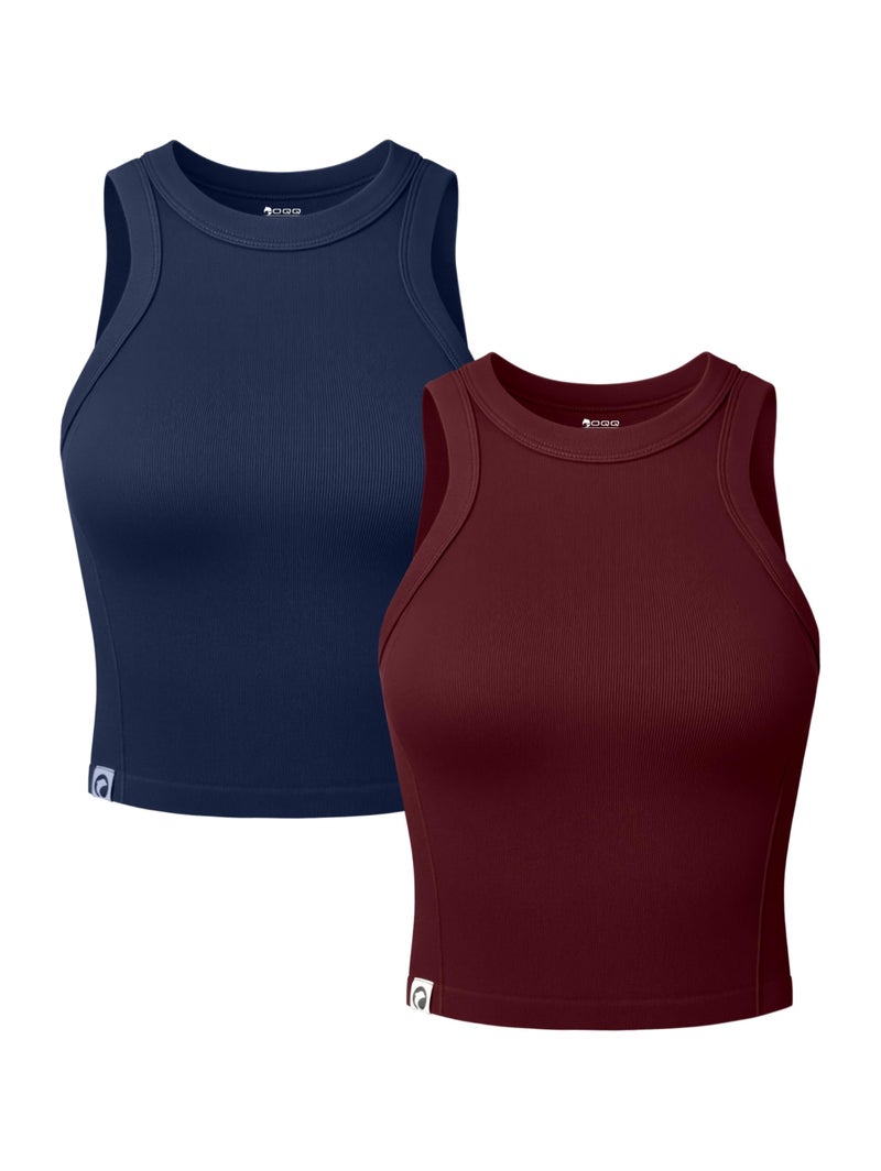 OQQ Womens 2 Pack Crop Tank Tops Crew Neck Sleeveless Ribbed Stretch Workout Athleisure Tops Navyblue DarkRed - Image 1
