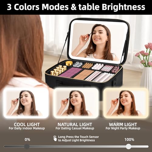 Suupvaor Upgraded Large Travel Makeup Bag with LED Mirror, 15” Professional Makeup Case with 3 Color Modes Dimming Lighted Mirror, Light up Cosmetic Make up Organizer with PU Leather Cover, Adjustable Dividers - Image 3