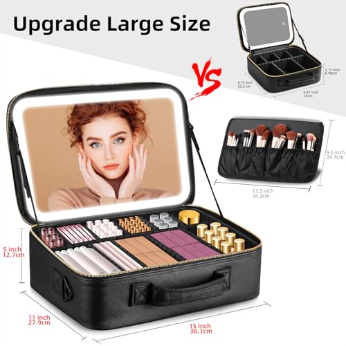 Suupvaor Upgraded Large Travel Makeup Bag with LED Mirror, 15” Professional Makeup Case with 3 Color Modes Dimming Lighted Mirror, Light up Cosmetic Make up Organizer with PU Leather Cover, Adjustable Dividers - Image 2
