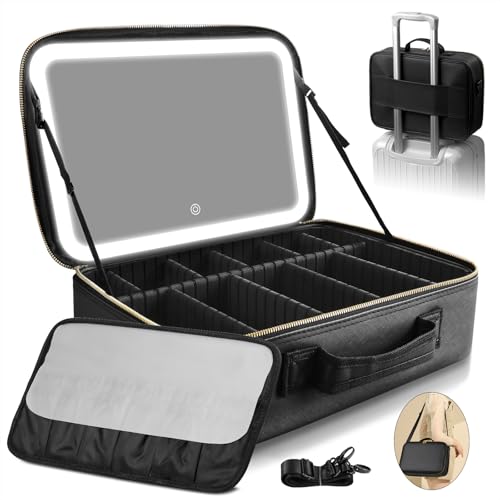 Suupvaor Upgraded Large Travel Makeup Bag with LED Mirror, 15” Professional Makeup Case with 3 Color Modes Dimming Lighted Mirror, Light up Cosmetic Make up Organizer with PU Leather Cover, Adjustable Dividers - Image 1