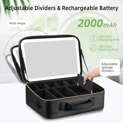Suupvaor Upgraded Large Travel Makeup Bag with LED Mirror, 15” Professional Makeup Case with 3 Color Modes Dimming Lighted Mirror, Light up Cosmetic Make up Organizer with PU Leather Cover, Adjustable Dividers - Image 5