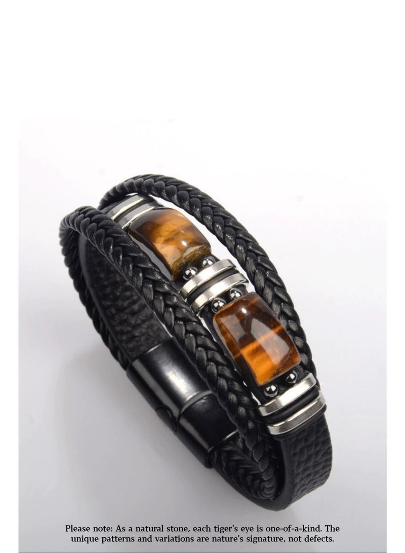 Men's Tiger Eye Beaded Leather Bracelet - Adjustable Magnetic Clasp, Healing Stone Gift for Him, Handmade Beaded Wristband for Men (21.5CM) - Image 5