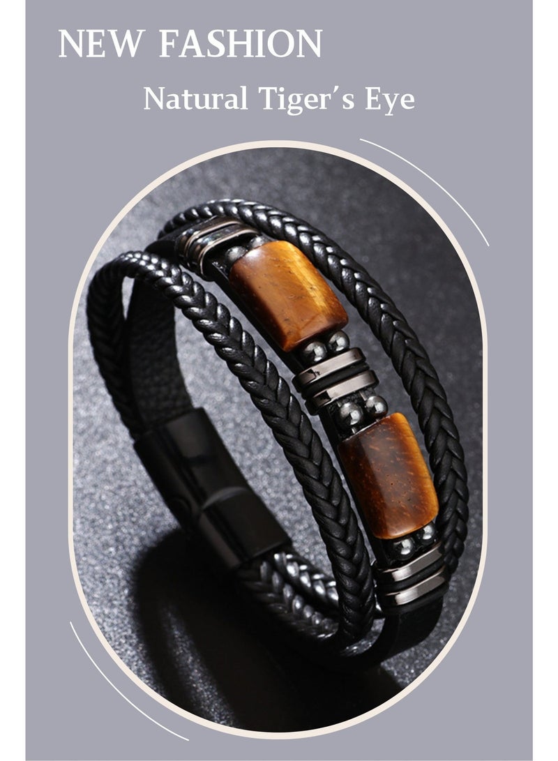 Men's Tiger Eye Beaded Leather Bracelet - Adjustable Magnetic Clasp, Healing Stone Gift for Him, Handmade Beaded Wristband for Men (21.5CM) - Image 4