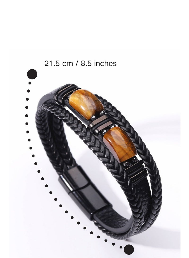 Men's Tiger Eye Beaded Leather Bracelet - Adjustable Magnetic Clasp, Healing Stone Gift for Him, Handmade Beaded Wristband for Men (21.5CM) - Image 3