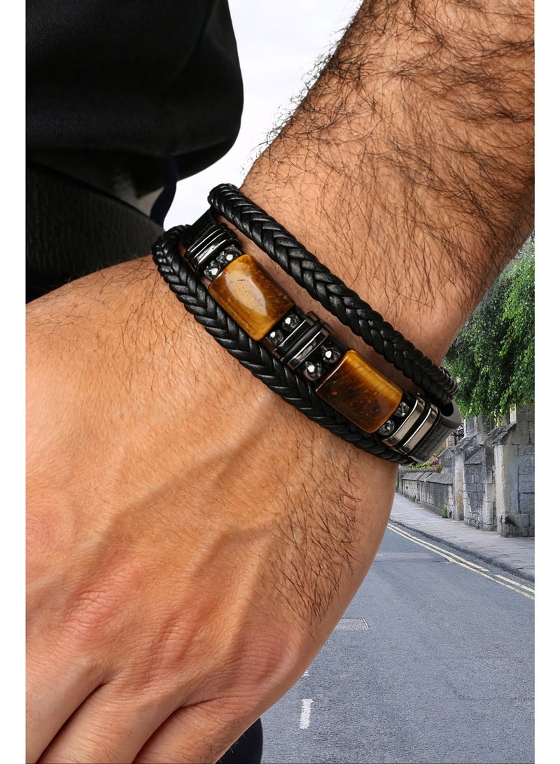 Men's Tiger Eye Beaded Leather Bracelet - Adjustable Magnetic Clasp, Healing Stone Gift for Him, Handmade Beaded Wristband for Men (21.5CM) - Image 2
