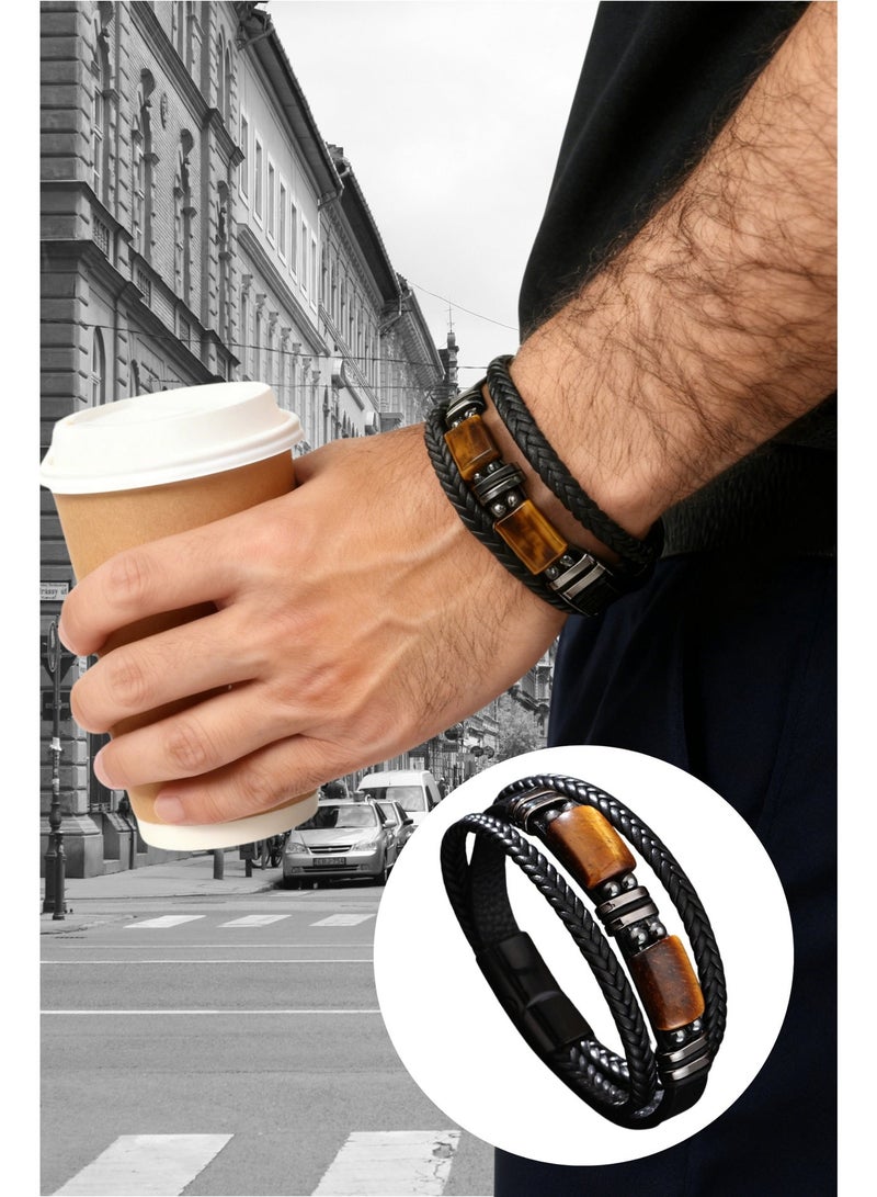 Men's Tiger Eye Beaded Leather Bracelet - Adjustable Magnetic Clasp, Healing Stone Gift for Him, Handmade Beaded Wristband for Men (21.5CM) - Image 1
