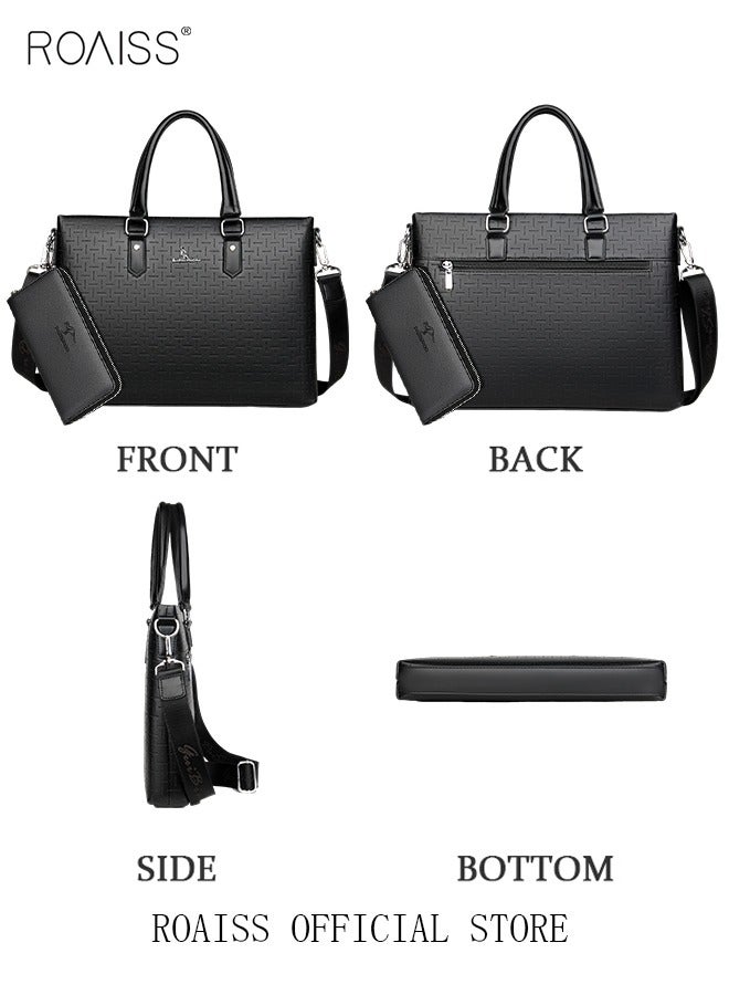 roaiss Men's Classic PU Business Leather Briefcase with One Clutch 14 Inch Laptop Bag Large Capacity Messenger Soft Top Handle Handbag with Long Shoulder Strap Men Travel Office Black - Image 4