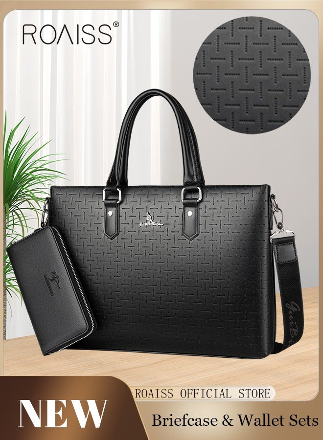 roaiss Men's Classic PU Business Leather Briefcase with One Clutch 14 Inch Laptop Bag Large Capacity Messenger Soft Top Handle Handbag with Long Shoulder Strap Men Travel Office Black - Image 2