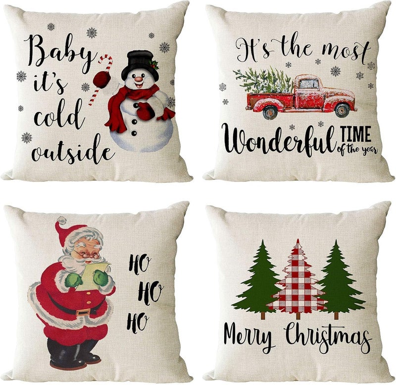 Set of 4 Christmas Decorative Throw Pillow Covers Christmas Holiday Xmas Square Cotton Linen Cushion Covers Santa Clause Red Truck Trees Snowman Outdoor Couch Sofa Home Pillow Cases 40 * 40 cm