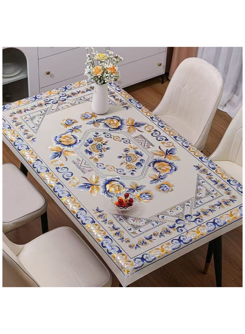 90*150 CM Waterproof PVC Tablecloths, Heavy Duty Oil Proof Spill Proof Plastic Table Cloth, Wipe Clean PVC Table Cover for Spring Indoor and Outdoor Use (Blue and Gold pattern, 35.5”×59”, Rectangle) - Image 1