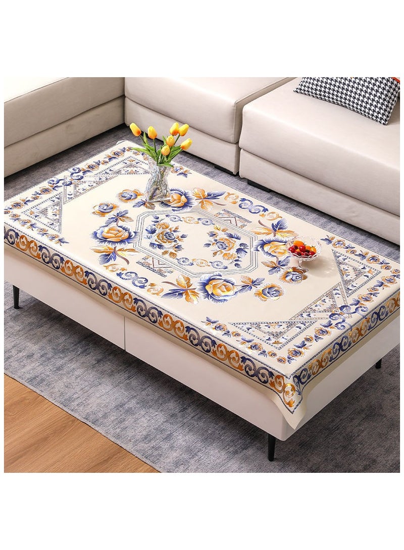 90*150 CM Waterproof PVC Tablecloths, Heavy Duty Oil Proof Spill Proof Plastic Table Cloth, Wipe Clean PVC Table Cover for Spring Indoor and Outdoor Use (Blue and Gold pattern, 35.5”×59”, Rectangle) - Image 2