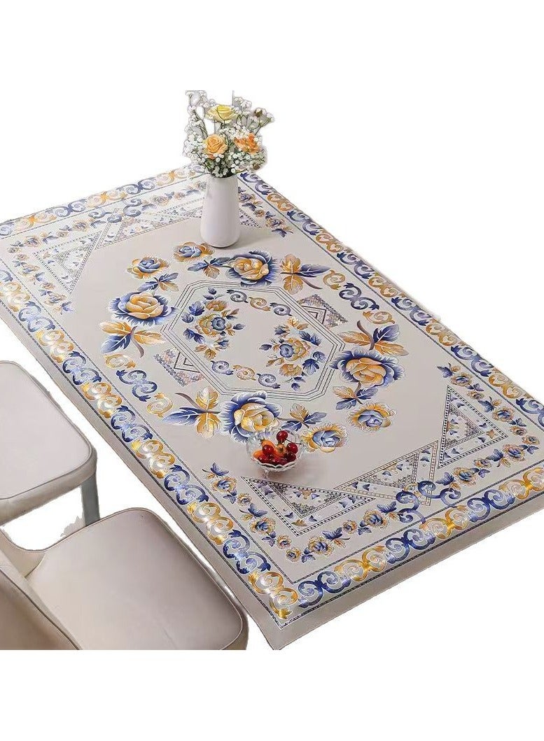 90*150 CM Waterproof PVC Tablecloths, Heavy Duty Oil Proof Spill Proof Plastic Table Cloth, Wipe Clean PVC Table Cover for Spring Indoor and Outdoor Use (Blue and Gold pattern, 35.5”×59”, Rectangle) - Image 5