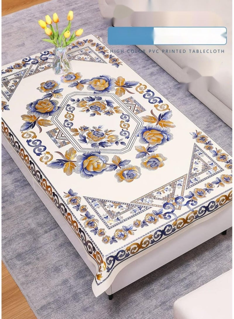 90*150 CM Waterproof PVC Tablecloths, Heavy Duty Oil Proof Spill Proof Plastic Table Cloth, Wipe Clean PVC Table Cover for Spring Indoor and Outdoor Use (Blue and Gold pattern, 35.5”×59”, Rectangle) - Image 4