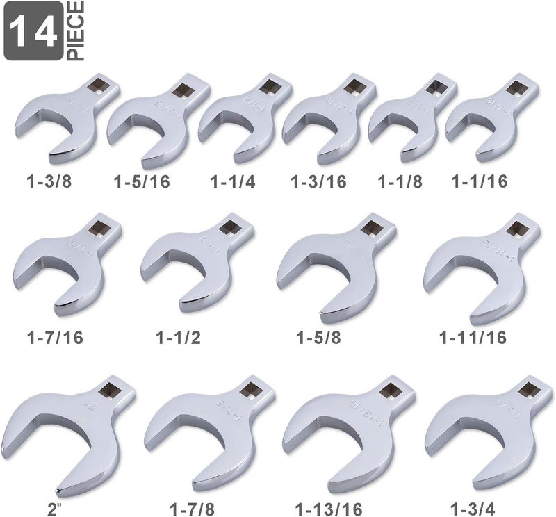 EFFICERE 14-Piece Premium 1/2" Drive Jumbo Crowfoot Wrench Set, Chrome Vanadium Steel, Includes Standard SAE Sizes from 1-1/16" to 2" with Storage Tray - Image 2