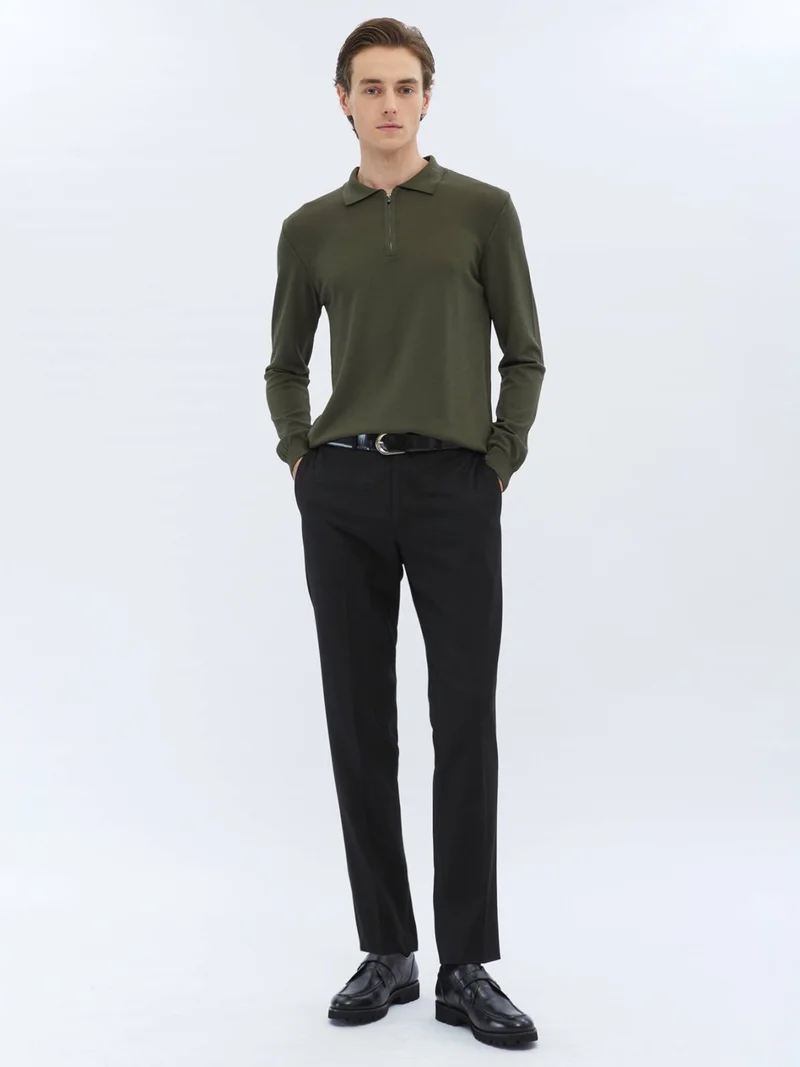 Kip Khaki Polo Collar Plain Knit Sweater