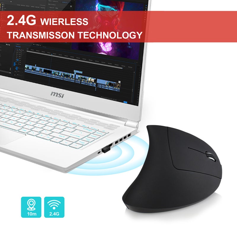 Vertical Ergonomic Wireless Mouse: 2.4G Stable Connection, 3 Adjustable DPI Levels, Rechargeable Built-In Lithium Battery, Black for Home Office And Daily Computer Use - Image 4