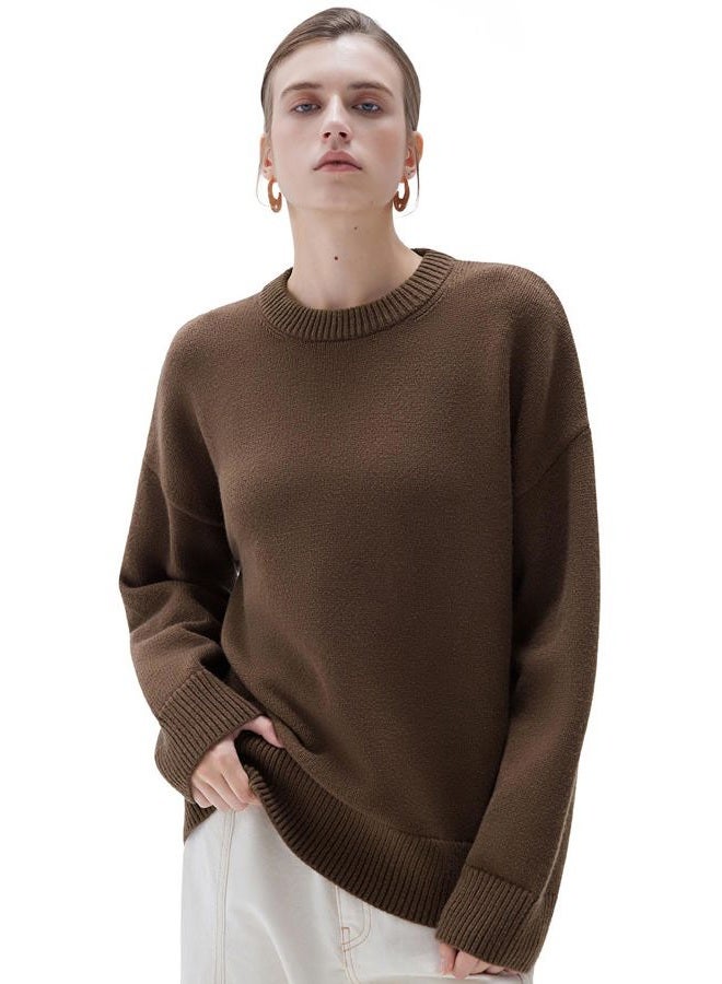 SUUKSESS Women Cashmere Blend Oversized Crew Neck Long Sleeve Pullover Sweaters, Cocoa Brown, XL - Image 1
