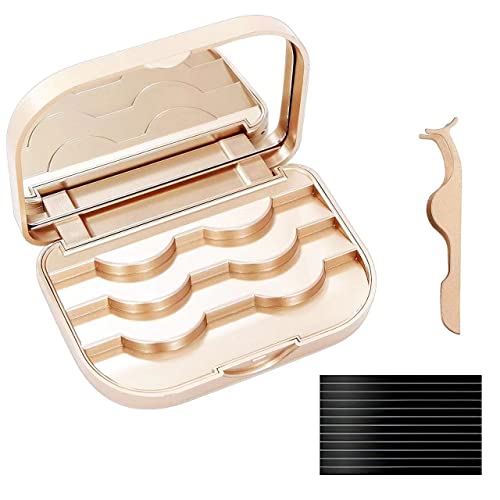 JYHi False Eyelash Storage Case with Mirror Lash Organizer Holder Box Empty Makeup Cosmetic Travel Case and Eyelash Tweezers Lash Container (Gold) - Image 1
