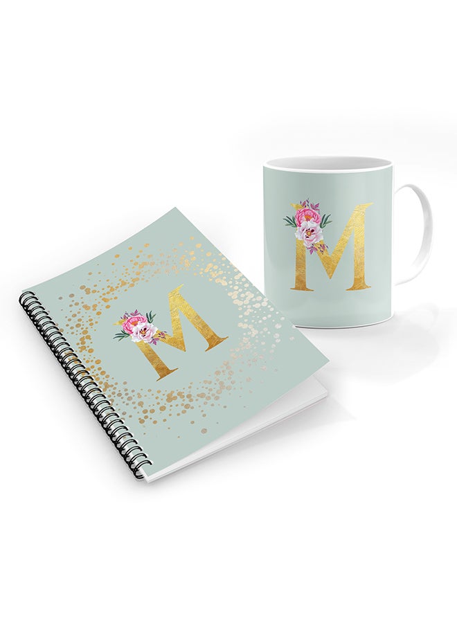 Stylizedd Printed Coffee Mug + A5 Spiral Notebook Memo Personalised Combo Gift Set -Custom Monogram Initial Letter Floral Pattern Alphabet - M  ( Light Green )