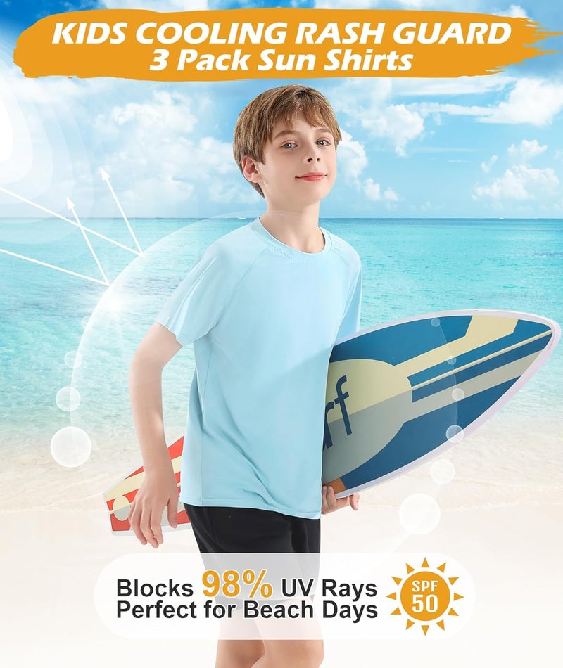 Zoofly Boys Swim Shirt UPF 50+ Kids Rash Guard Short Long Sleeve 3 Pack Youth Sun UV Protection SPF Water Fishing Top Shirts 5-18Y - Image 2