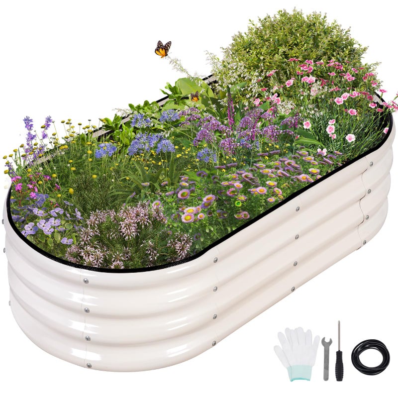 Permade Galvanized Raised Garden Bed - 4x2x1FT Metal Planter Boxes Outdoor | Oval Steel Raised Bed Kit for Gardening with Protective Tape, Gloves for Vegetables, Flower, Herb (White) - Image 1