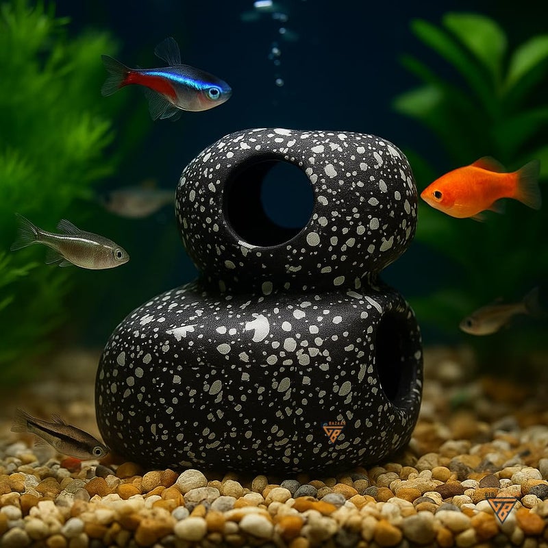 GIG BAZAAR Aquarium Rock Cave Shelter, Hidden Space for Fish & Shrimp, Speckled Granite Stone, Fish Tank Decoration & Ornament Accessories (Black) - Image 1