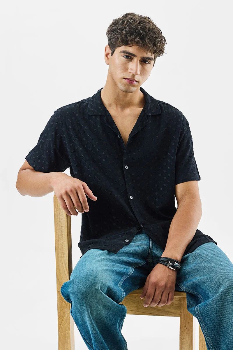 SNITCH Black Textured Half Sleeve Boxy Shirt