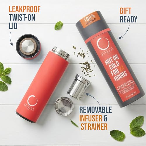 Pure Zen Tea Thermos with Infuser for Hot and Cold Infusions - Stainless Steel - Tea Infuser Bottle - Leakproof Travel Mug with Filter - 15oz - Red - Image 3