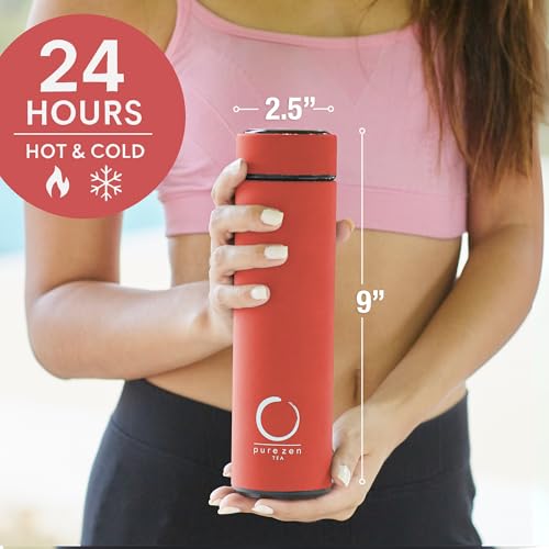 Pure Zen Tea Thermos with Infuser for Hot and Cold Infusions - Stainless Steel - Tea Infuser Bottle - Leakproof Travel Mug with Filter - 15oz - Red - Image 4