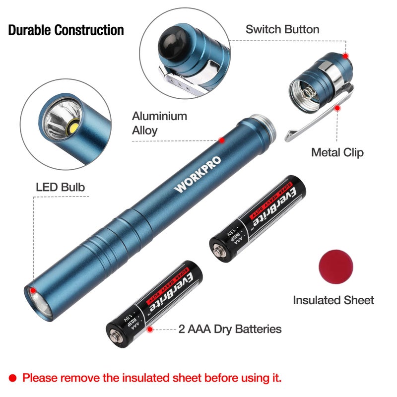 WORKPRO LED Pen Light, Aluminum Pen Flashlights, Pocket Flashlight with Clip for Inspection, Emergency, Everyday, 2AAA Batteries Included, Blue (4-Pack) - Image 4