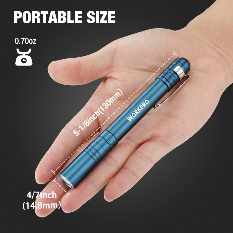 WORKPRO LED Pen Light, Aluminum Pen Flashlights, Pocket Flashlight with Clip for Inspection, Emergency, Everyday, 2AAA Batteries Included, Blue (4-Pack) - Image 2