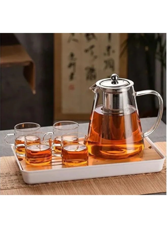 Glass Teapot Set with 4 Cups, 950ml Kettle Pot & Infuser, Heat-Resistant Handle, Stovetop & Microwave Safe, Elegant Design - Image 1