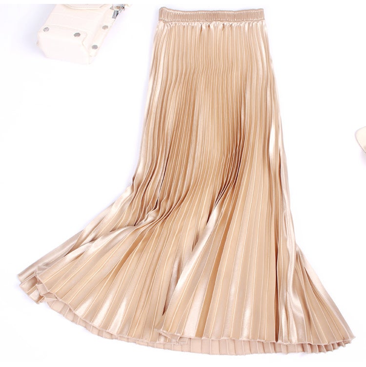 2023 Spring Pleated Satin Skirt for Women Elegant coffee