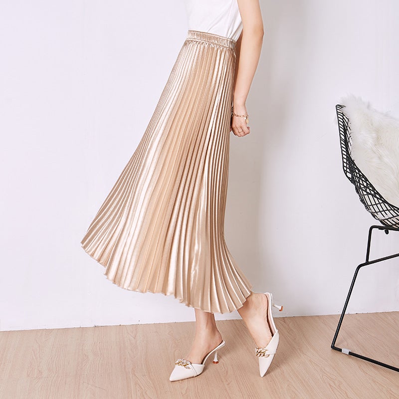 2023 Spring Pleated Satin Skirt for Women Elegant coffee