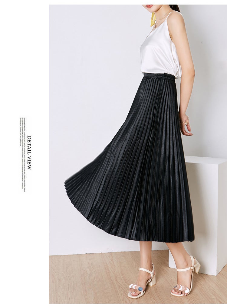 2023 Spring Pleated Satin Skirt for Women Elegant coffee