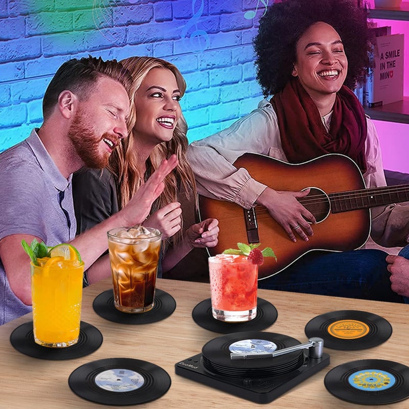 DuoMuo Funny Retro Record Coasters for Drinks with Vinyl Player Holder for Music Lovers,Set of 6 Conversation Piece Sayings Drink Coaster,Housewarming Hostess Wedding Registry Gift Ideas - Image 5